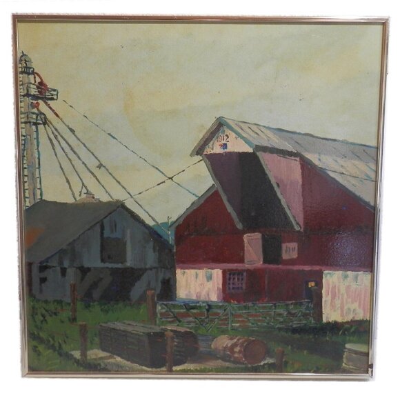 Vtg 1970s Red Barn Painting Kearfott Agricultural Landscape Shawnee Park Ohio